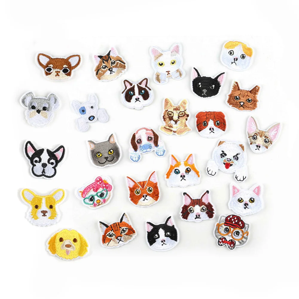 

lovely custom made dog cat design embroidered animal head patches iron on kids clothing