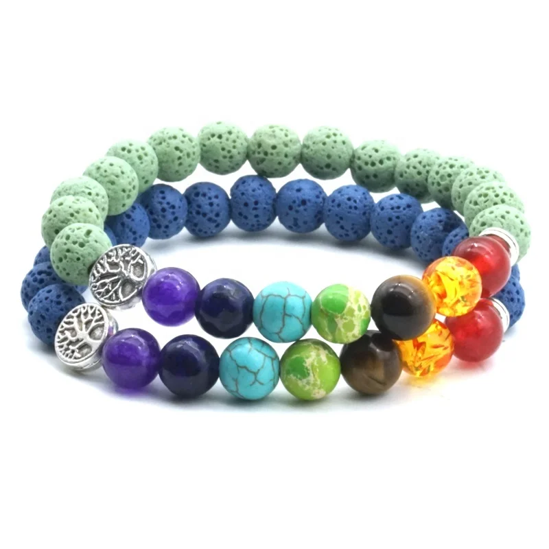 

8mm Seven Chakras Tree of Life Charms Colourful Lava Stone Beads DIY Aromatherapy Essential Oil Diffuser Bracelet Yoga Jewelry