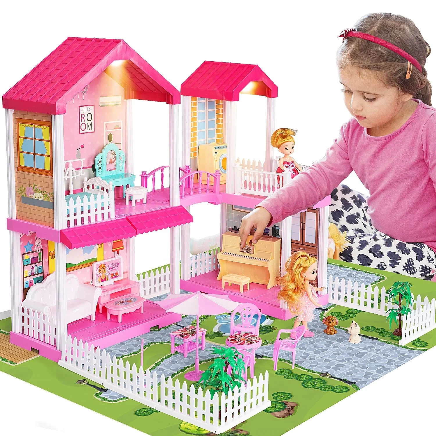 

(Only for US customers) TOY Life Princess Accessories Furniture Light DIY Assembly Villa Plastic Big Pink Doll House with Map