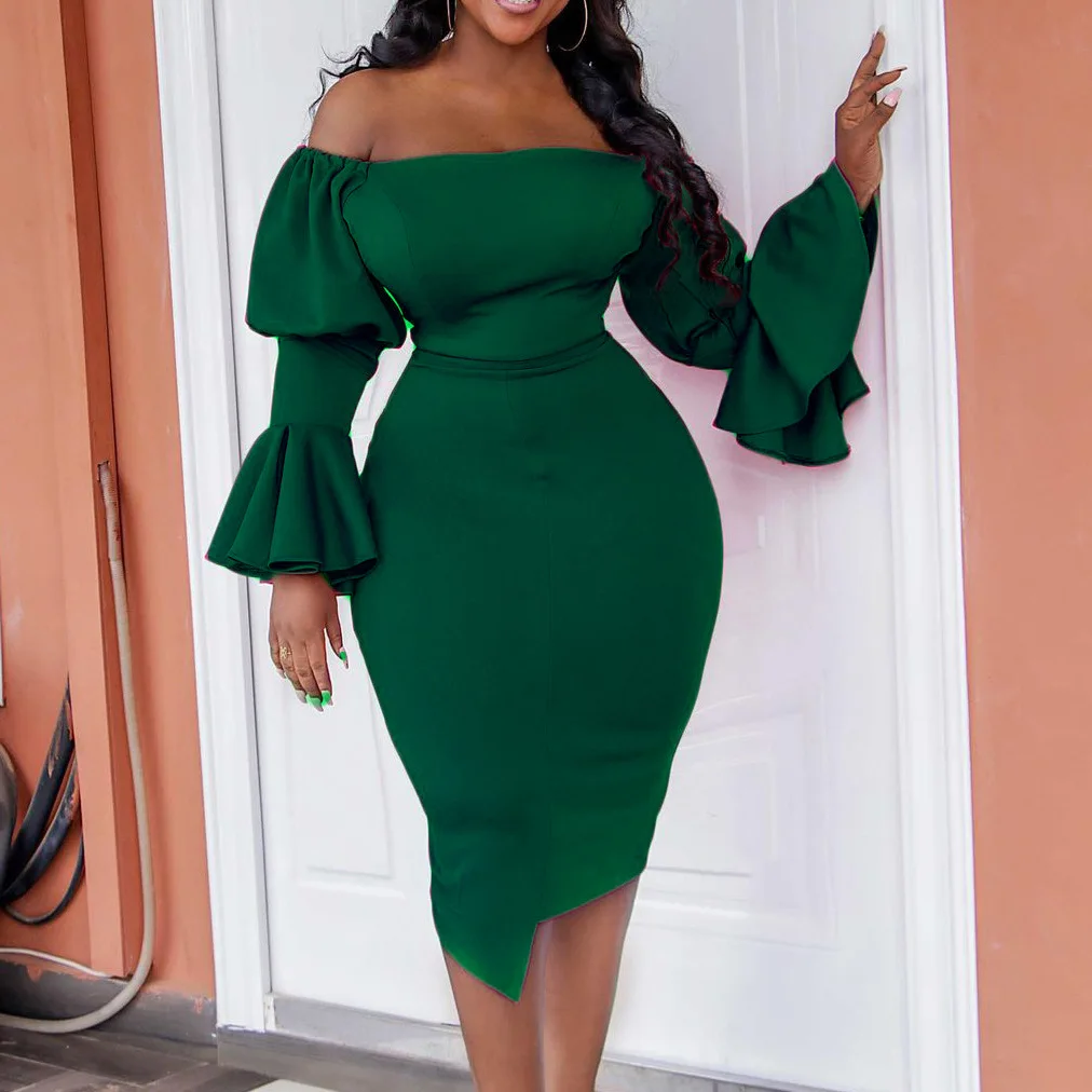 

Plus Size Women's 2022 Spring/Summer Flare Sleeve Packed Hip Tight Fashion Dress