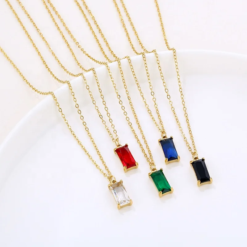 

Fashion 18K Gold Plated Stainless Steel Minimalist Jewelry Big Colorful Square Diamond Crystal Stone Pendant Necklace for Women