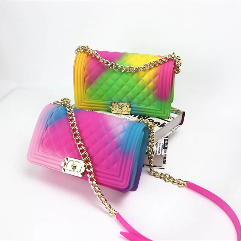 

2021 Custom Logo Fashion Jelly Bag Purse Handbag Ladies Colorful Crossbody Bag with Chain PVC Jelly Bag Jelly Purse