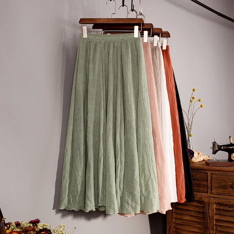 

Wholesale Women Linen Cotton Long Skirts Elastic Waist Pleated Maxi Skirts Beach Summer Skirts