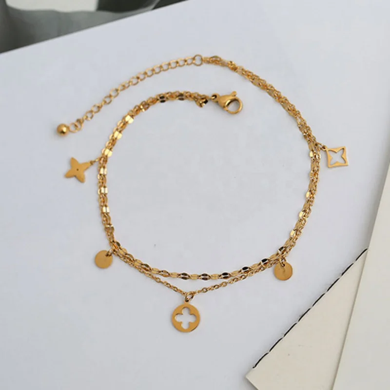 

Simple Personalized Stainless Steel 18K Gold Plated Double Layer Anklet Women