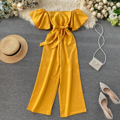 

New style women fashion flare sleeve off shoulder long jumpsuits