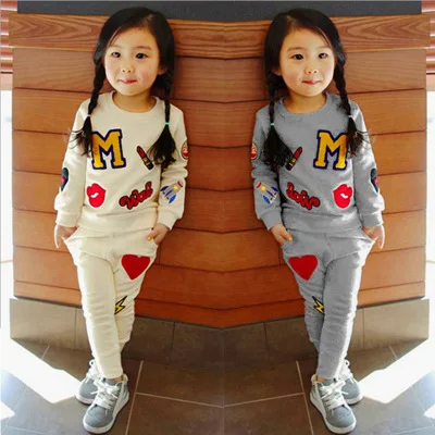 

F41096A 2020 Korean edition new girls' autumn winter lipstick print trouser baby girls clothing sets kid clothing set, As picture