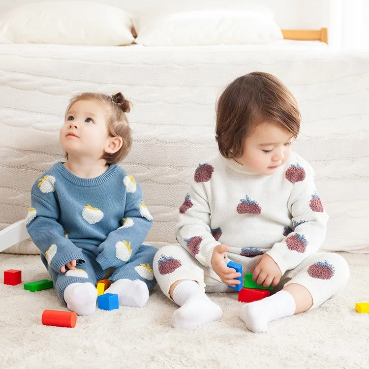 

Lovely cute winter spring knitted baby onsies custom baby girl romper sweater rompers for girls and boys with fruit patterns, Blue,white