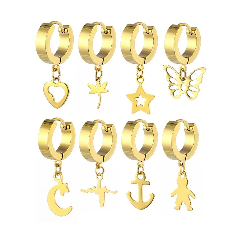 

Trendy Fashion Unisex Hip Hop Single Gold Plated Jewelry 316L Stainless Steel Women Men Punk Drop Pendant Buckle Loop Earrings