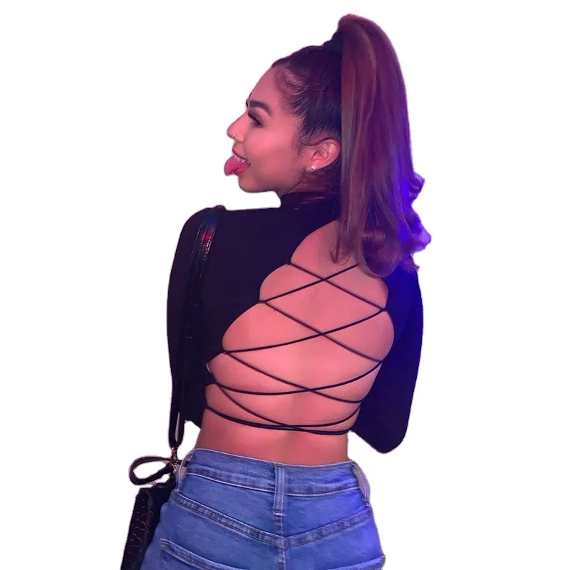 

New Fashion Sexy Black Backless Ladies Tops Halter Long Sleeve Tops For Women Crop Tops Sexy Fashionable, Picture