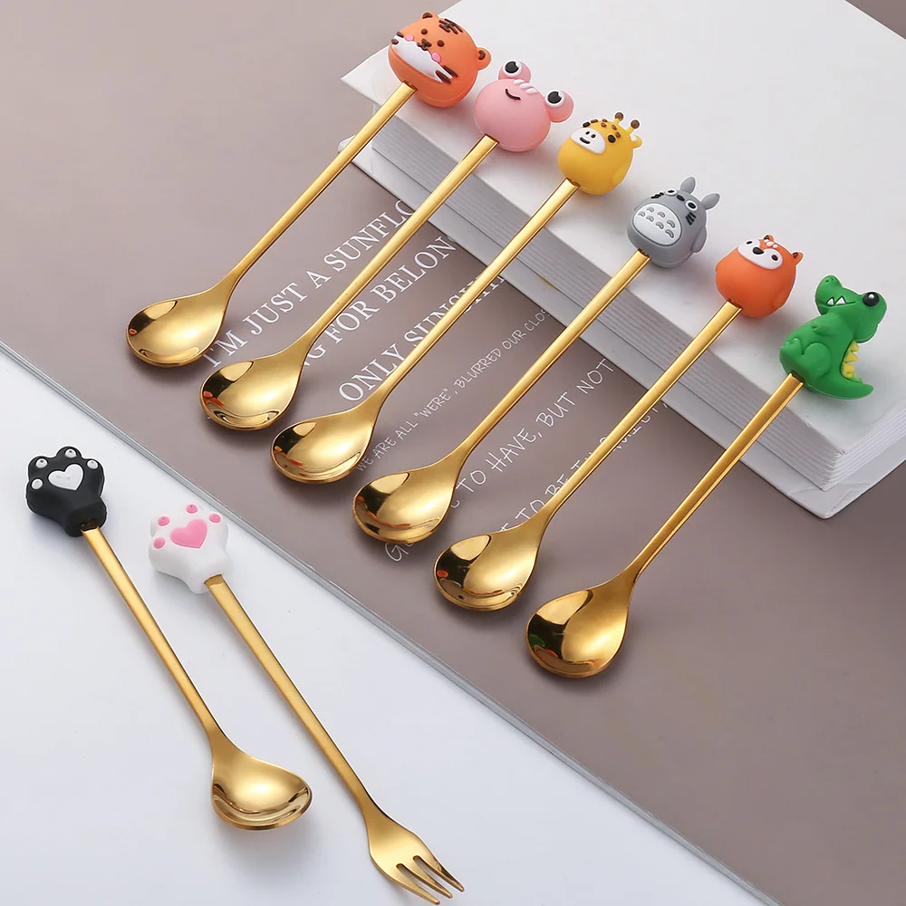 

M88 Wholesale Custom Logo Mini Silicone Cute Cartoon Fruit Spaceman Animal Shape Stainless Steel Fork And Desert Spoon Set