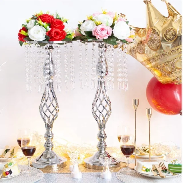 

free shipping )Acrylic Crystal Candle Holder Stand Gold/Silver Flower Vase Wedding Centerpiece Lead Road Candlestick fo, Sliver or gold mental