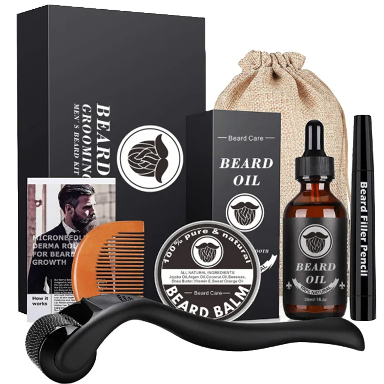 

6PCS Fratory Direct Sell Stimulate Promote Beard Mustache Oil Balm Comb Beard Growth Roller Kit, Black