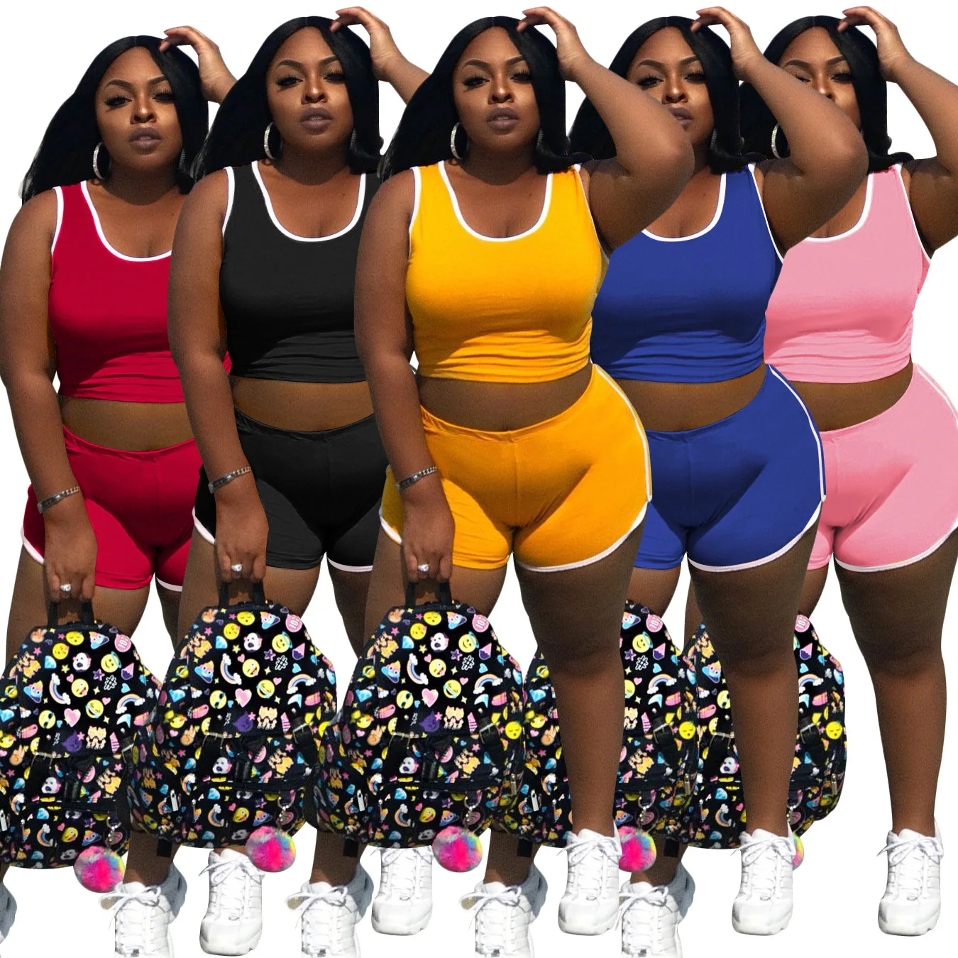 

High Stretch Two Piece Set Sports Wear Yoga Tank Tops and Shorts Set Solid Color Skinny Plus Size Short Sets Women, Black, pink, yellow, blue, burgundy
