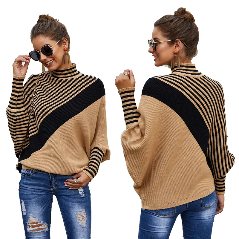 

Wholesale ladies winter fashion tops long sleeve casual loose stripe high collar women's knit pullover sweaters, Camel