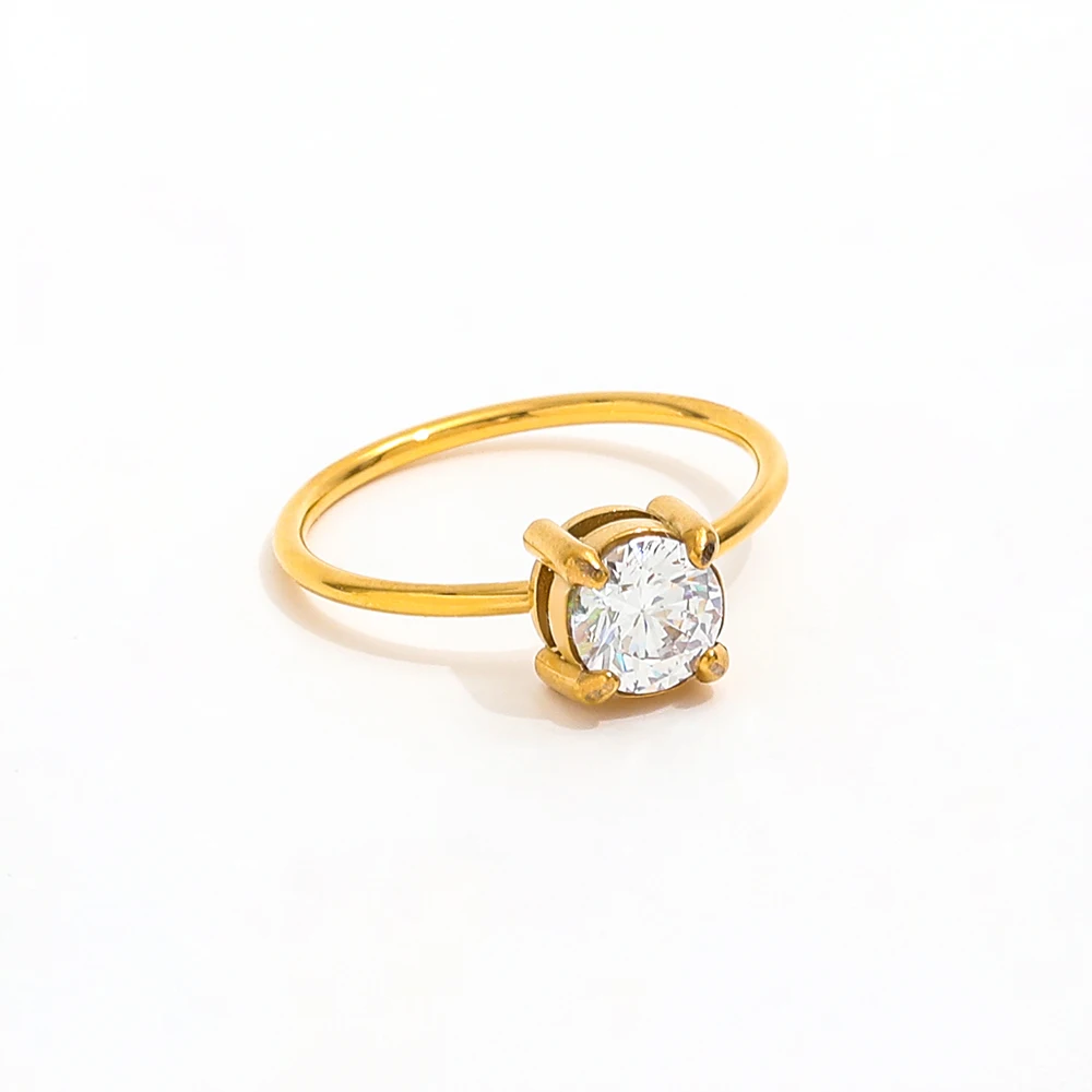 Joolim Wholesale 18K Gold Plated Fine Line Rings Stainless Steel Single Round Zirconia Jewelry for Women for Engagement Gift