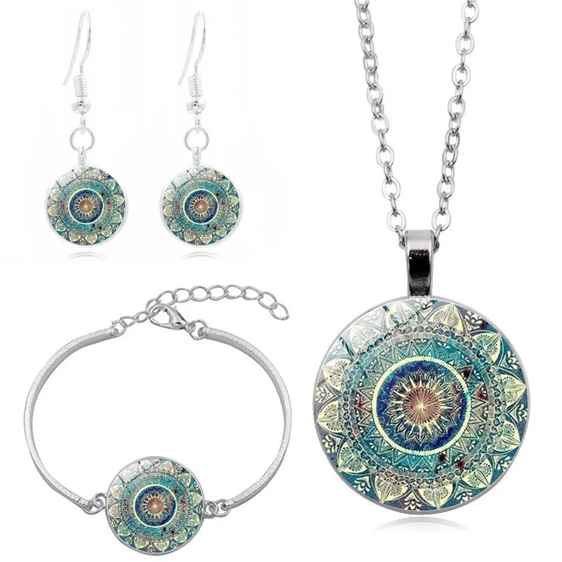 

PUSHI New Blue Pendant Necklace mandala earring Gem creative vintage ethnic bracelet jewelry set for women