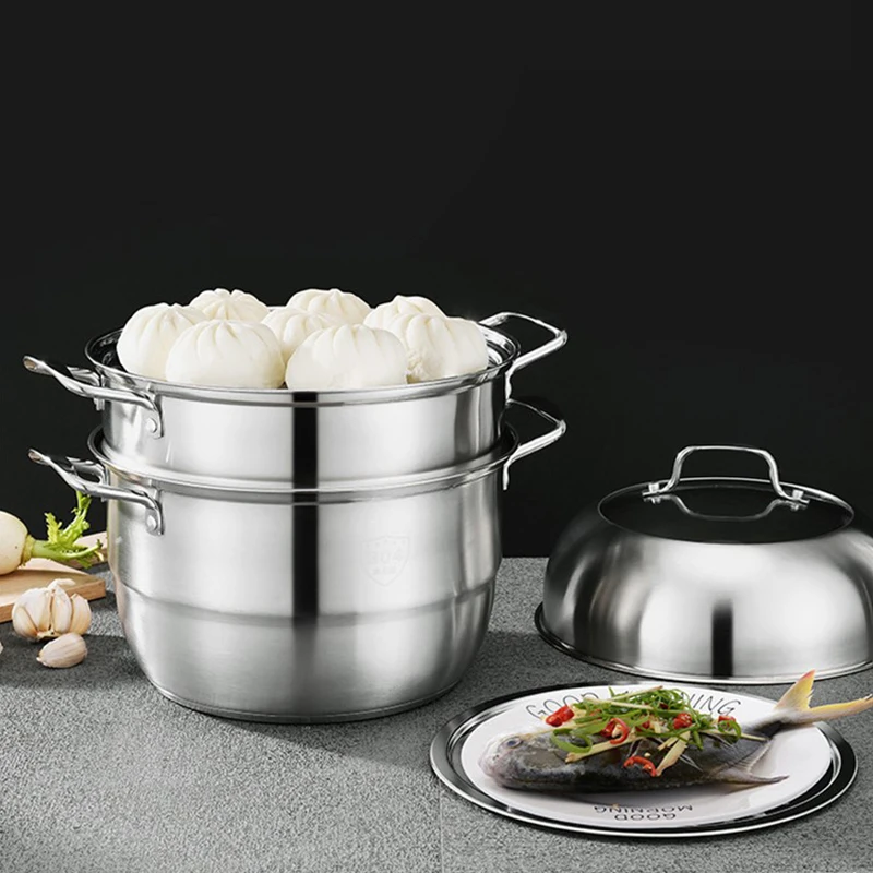 

Europe Style 3Layers Cookware steamer basket stainless steel Pot Cookware Set Steamed buns For induction cooker gas stove, Silver