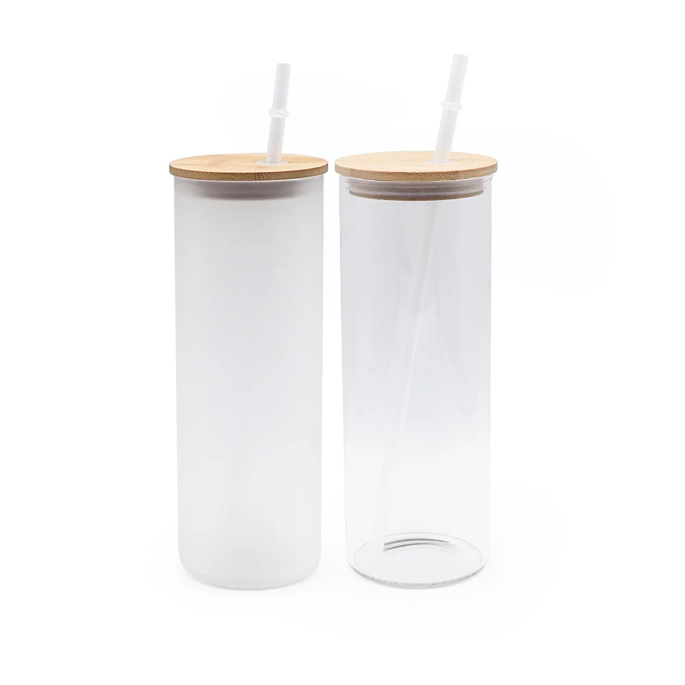 

USA Transparent straight skinny tumbler 25oz Clear Frosted sublimation glass with bamboo lid and plastic straw, Customized color
