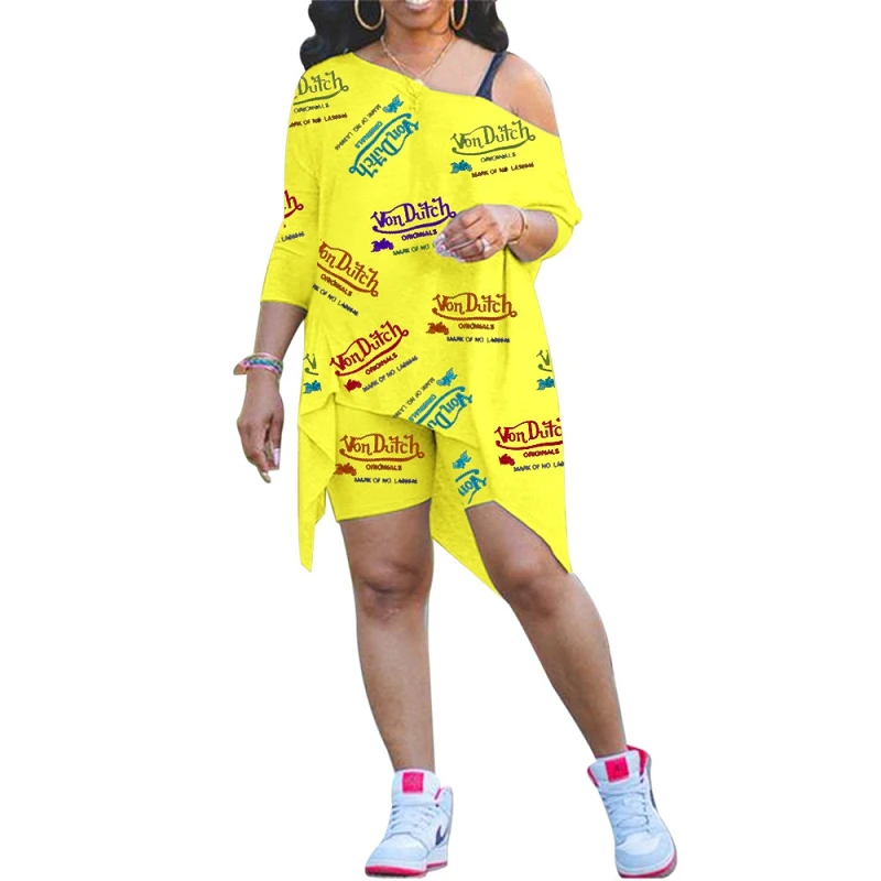 

2021 summer women's long sleeve print loose top shorts plus 2-piece women's set women clothing plus size