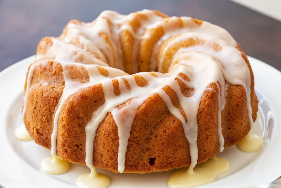 Perfectly baked cinnamon roll bundt cake with golden brown exterior and visible cinnamon swirls, served on a white ceramic plate with cream cheese glaze drizzled on top