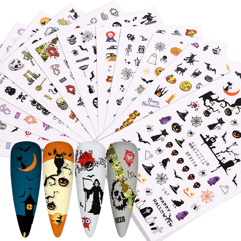 

12pcs/set Halloween Designs Nail Art Sticker Mix Pumpkin Ghost Devil Skull Self Adhesive 3D Slider Nail Decals Wrap Decorations