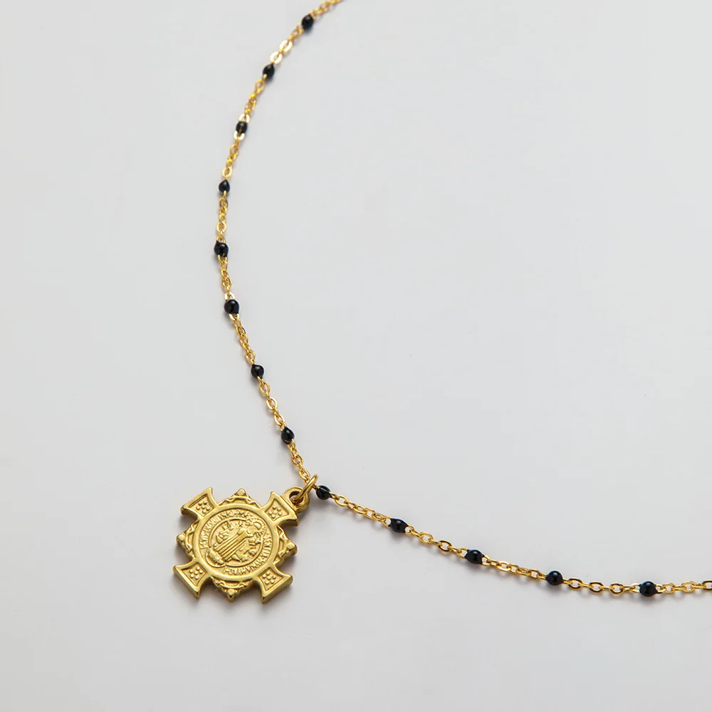 Stainless Steel Retro Black Dropper Chain 18k Gold Plated Geometry Cross Waterproof Necklace YF3921