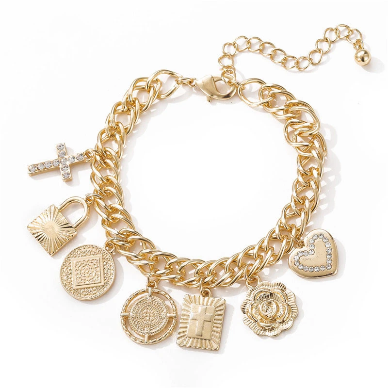 

Jachon Flow hip hop style cross flower set with diamond heart geometric bracelet, As picture