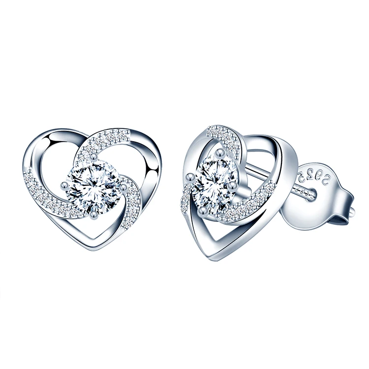 

925 Sterling Silver Rhinestone Love Heart Shaped Stud Earrings Jewelry For Women