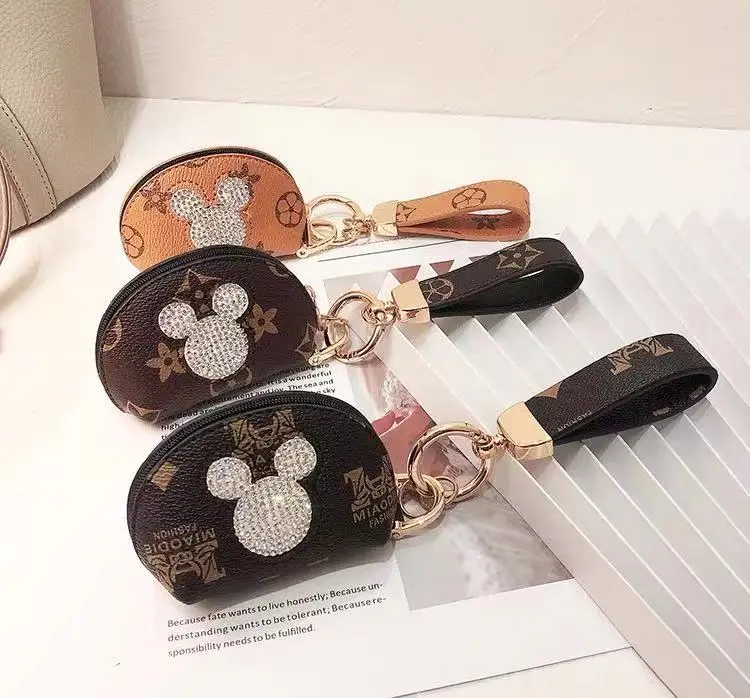 

New Style Luxury Designer Mini Zipper Money Carry Pouch Key chain leather Wrist Strap Key Ring Coin Purse Keychain, 6 colors
