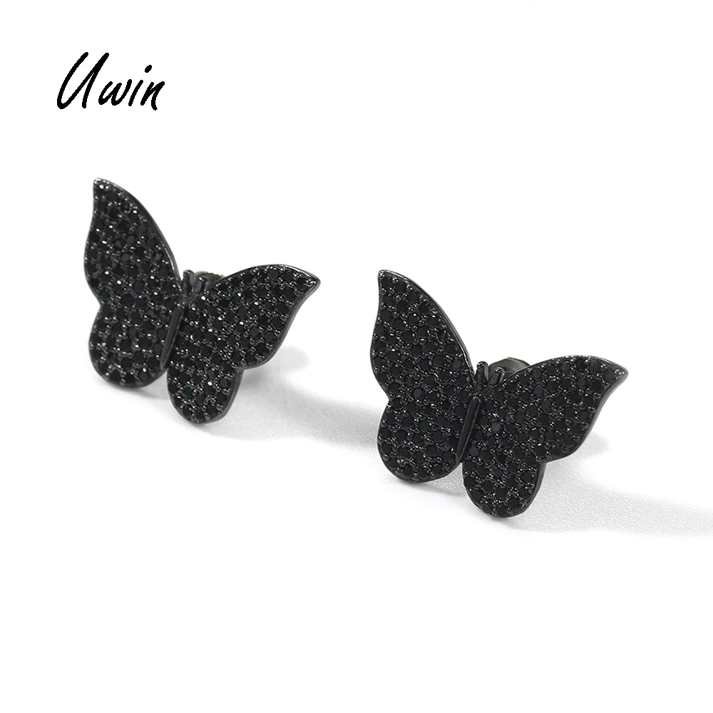 

Uwin 2022 Butterfly Stud Earrings For Women Hip Hop Black CZ Punk Earrings Silver Zircon Diamond Earring, Black,silver