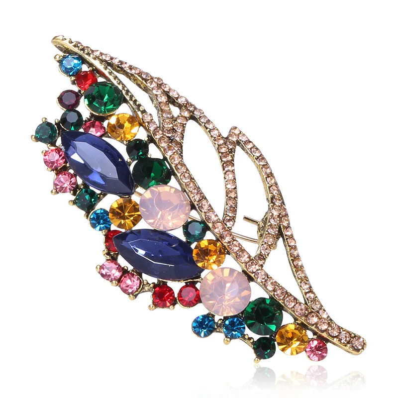 

JAENONES High Quality Fashion Luxury Color Crystal Vintage Rhinestone Flower Brooch Elegant Leaf Feather Brooch For Women