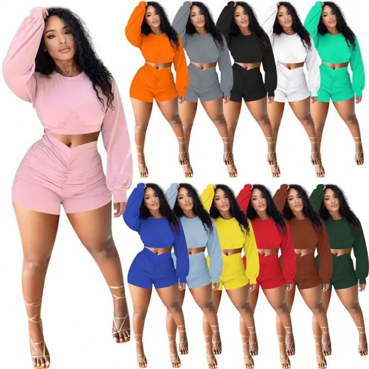 

OSINA Best Seller Solid Color Crop Top And Draped Shorts 2 Piece Shorts Women Set Summer Shorts Casual Women Two Piece Sets