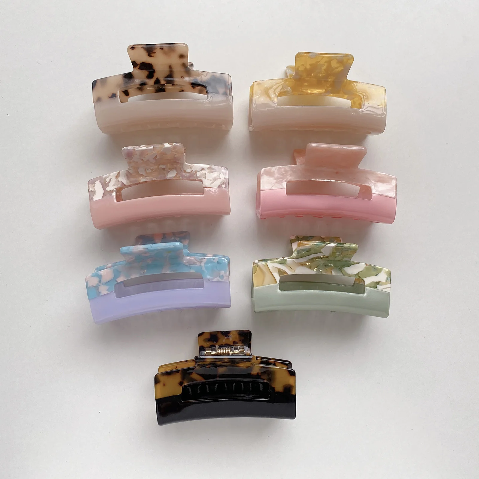 

7.4 New unique tortoiseshell big rectangle mix pure color marble pattern clips woman acrylic cellulose acetate jointed hair claw