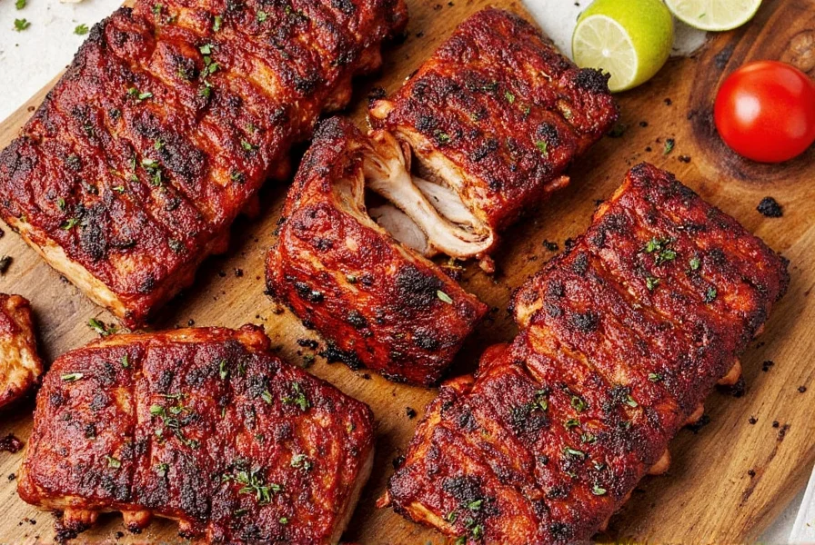 Platter of cooked pork ribs with herbs and side dishes