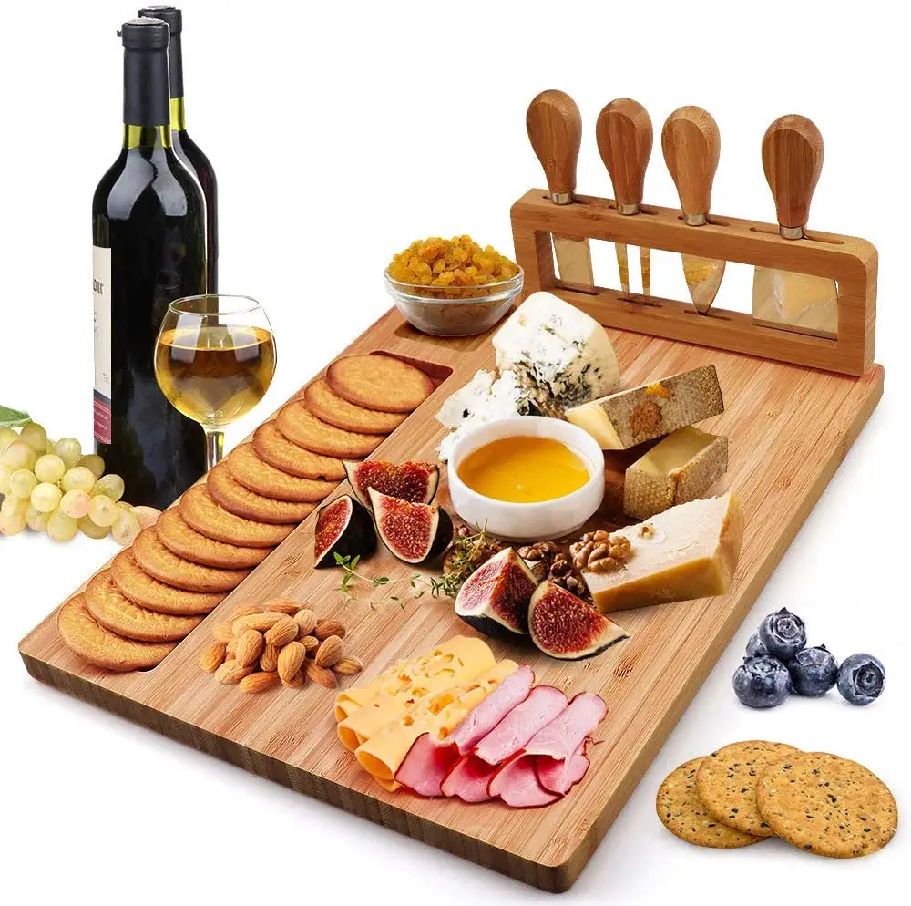 

Bamboo Cheese Board Set Charcuterie Platter and Serving Meat Board Including 4 Stainless Steel Knife and Serving board, Natural bamboo color