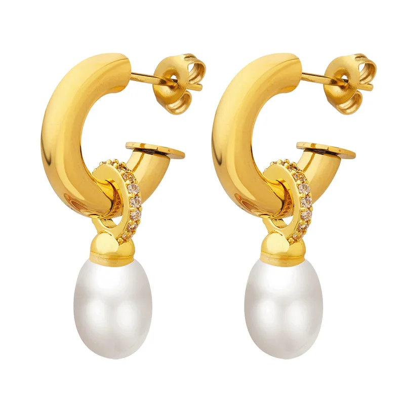

MARONEW luxury fashion baroque geometric stainless steel 18k gold plated baroque zircon Imitation pearl stud drop earring women