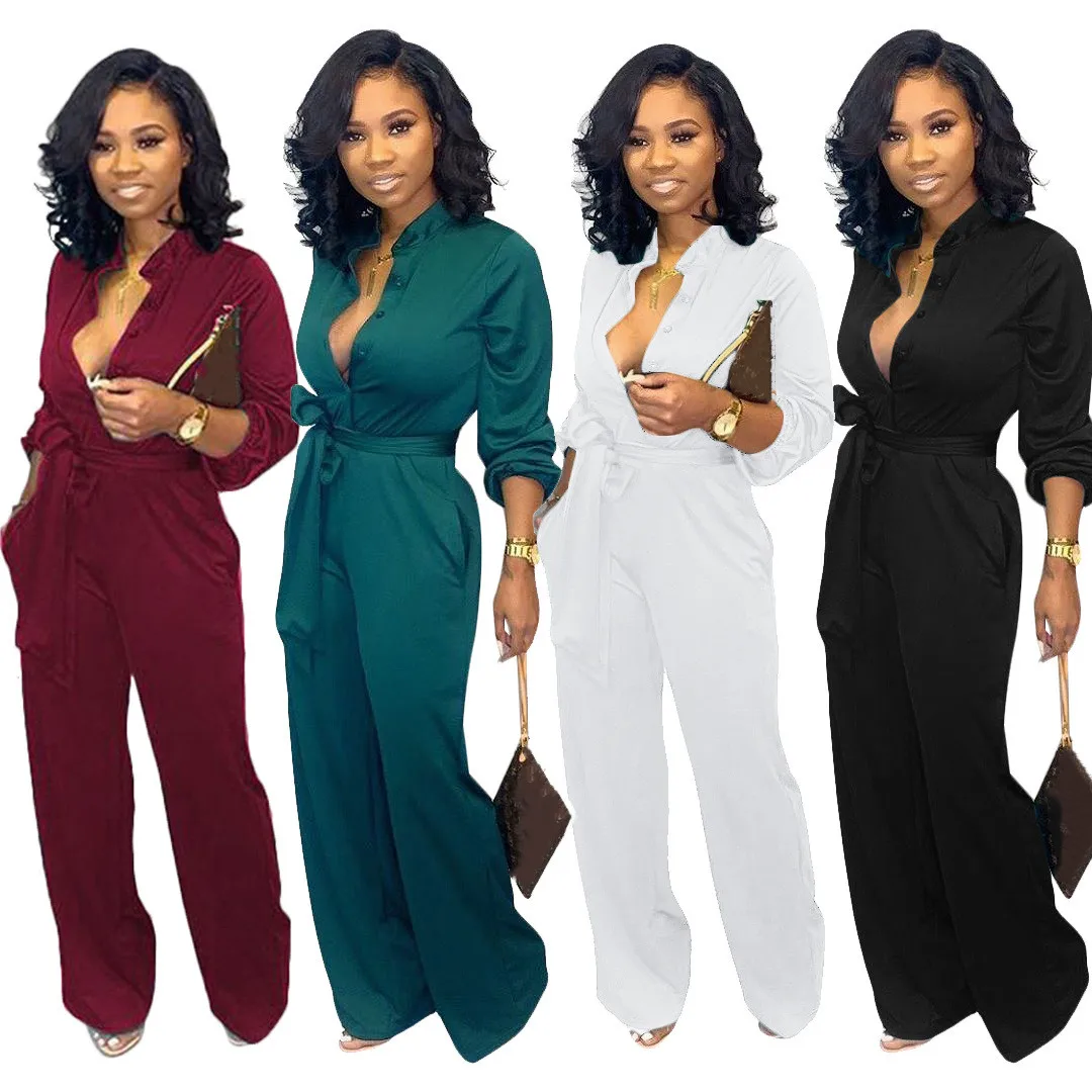 

Women's sexy solid color wide leg overalls loose fitting jumpsuits