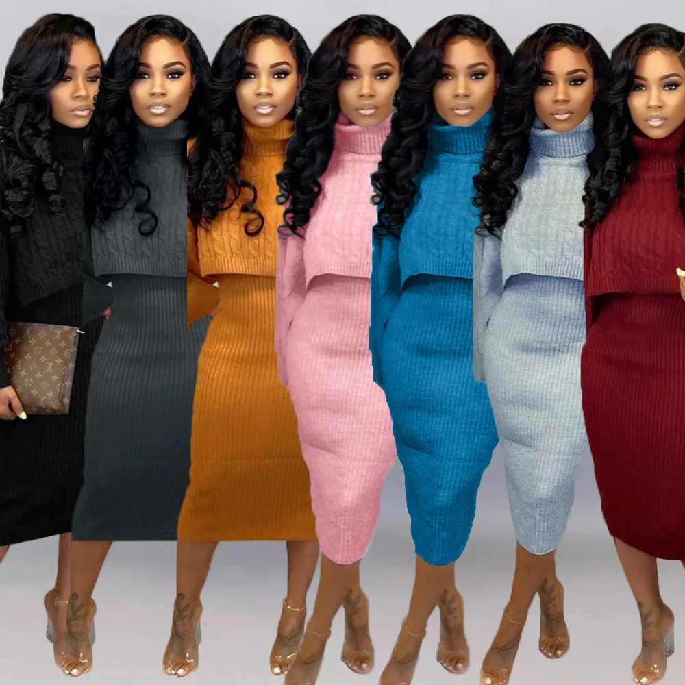 

Hot solid color winter patchwork turtleneck sweater sets women 2 piece outfits plus size dress & skirts