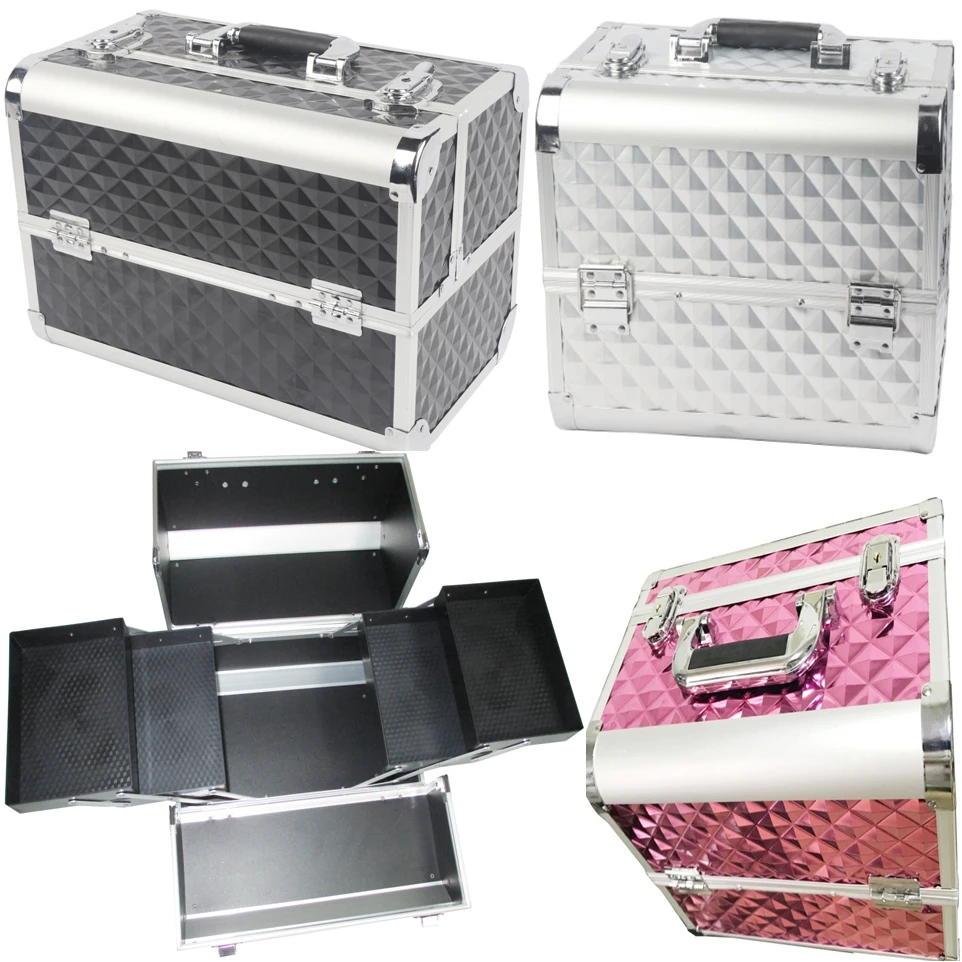

2021 design aluminum cosmetics case ,make up case with tiered plates pull two side size 32*22*26CM, Silver black purple pink