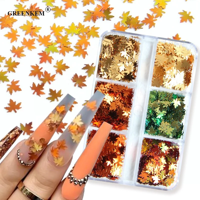 

GREENKEM Ins Nail Sequins Stickers Glitter Gold Silver Powder Maple Leaf Laser Flashing for Nails Art DIY Decorative