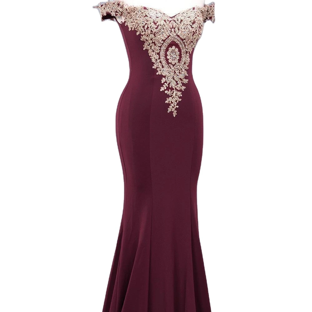 

Fashion clothing mermaid satin wedding party dress wine red long lace halter gold prom dress