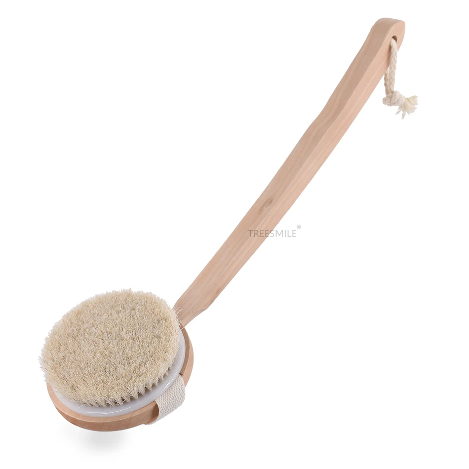 

TREESMILE Removable long handle bath brush wooden soft horsehair bristle Massage body brush OEM logo Natural shower brushes