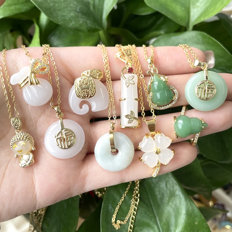 

2021 Women Fashion Chinese Jade Necklace Bamboo Clover Lucky White Elephant Mini Buddha Shape Pendant Charms Jewelry