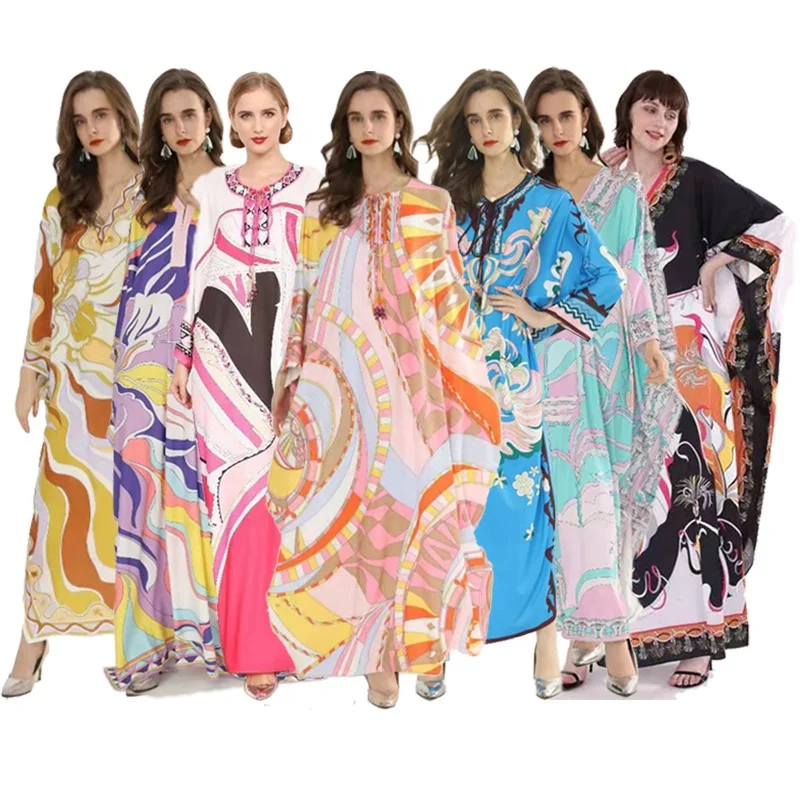 

J&H fashion Abaya Muslim Dresses Caftan Marocain Silk Dress Vestidos Elegantes Floral Print Full Length Maxi Boho Dress Women, As picture