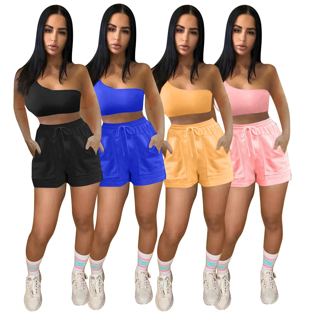 

GX8358 2021 Summer Solid 2 Piece Biker Shorts Set Women Sportswear With Pockets Two Piece Set Womens Biker Short Sets, Picture