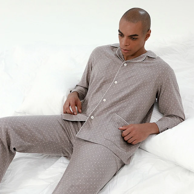 

PATON Mens long sleeve night pajama pants two piece sexy Adult dot pajamas sets, 4 color
