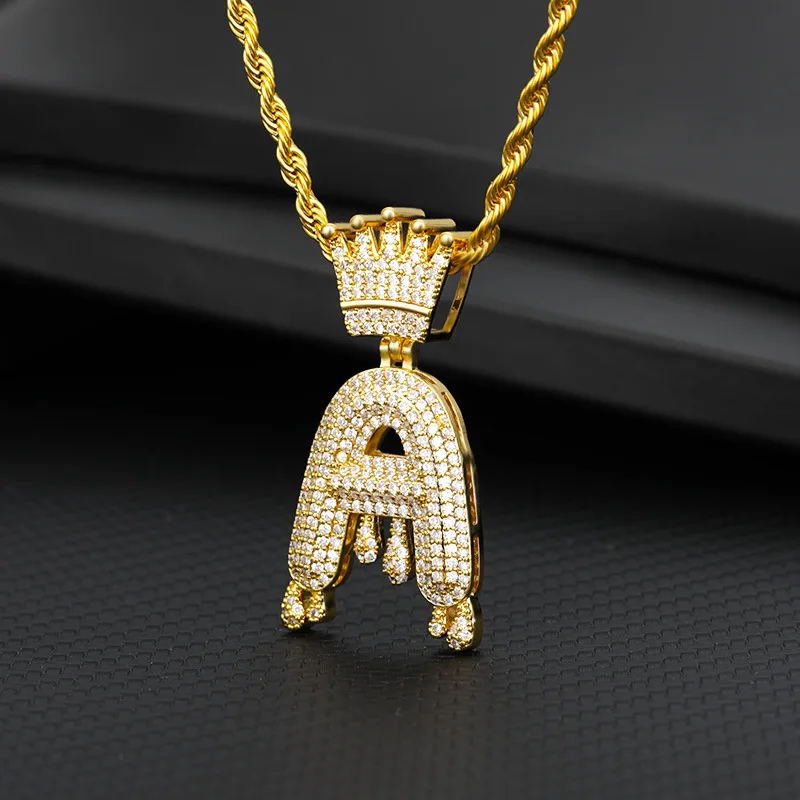 

Custom Crown Bail Drip Bubble Initial Letters Chain Necklaces & Pendant For Men Women Gold Color Cubic Zircon Hip Hop Jewelry