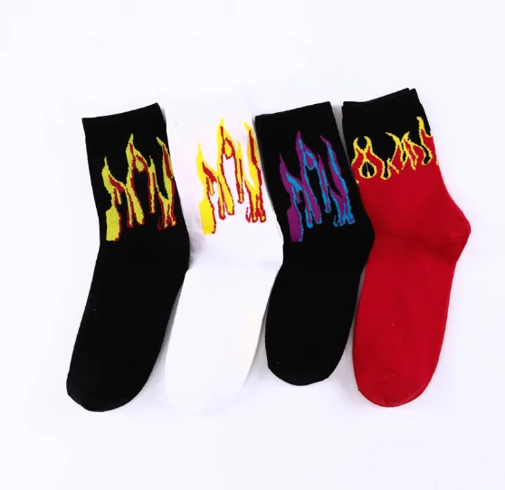 

Men Fashion Hip Hop Hit Color On Fire Crew Socks Red Green Blue Flame Blaze Power Skateboard Cotton Socks, As show picture