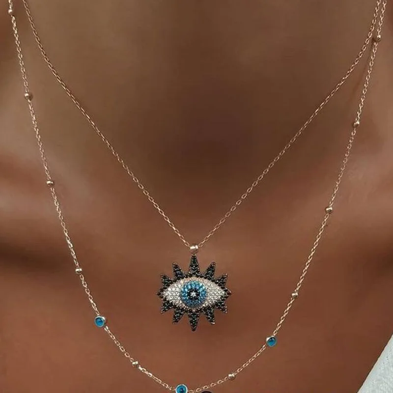 

2021 New Arrival Multilayers Long Chain Crystal Rhinestone Evil Eyes Pendant Neckalce Bohemian Turkish Devil Eyes Necklaces