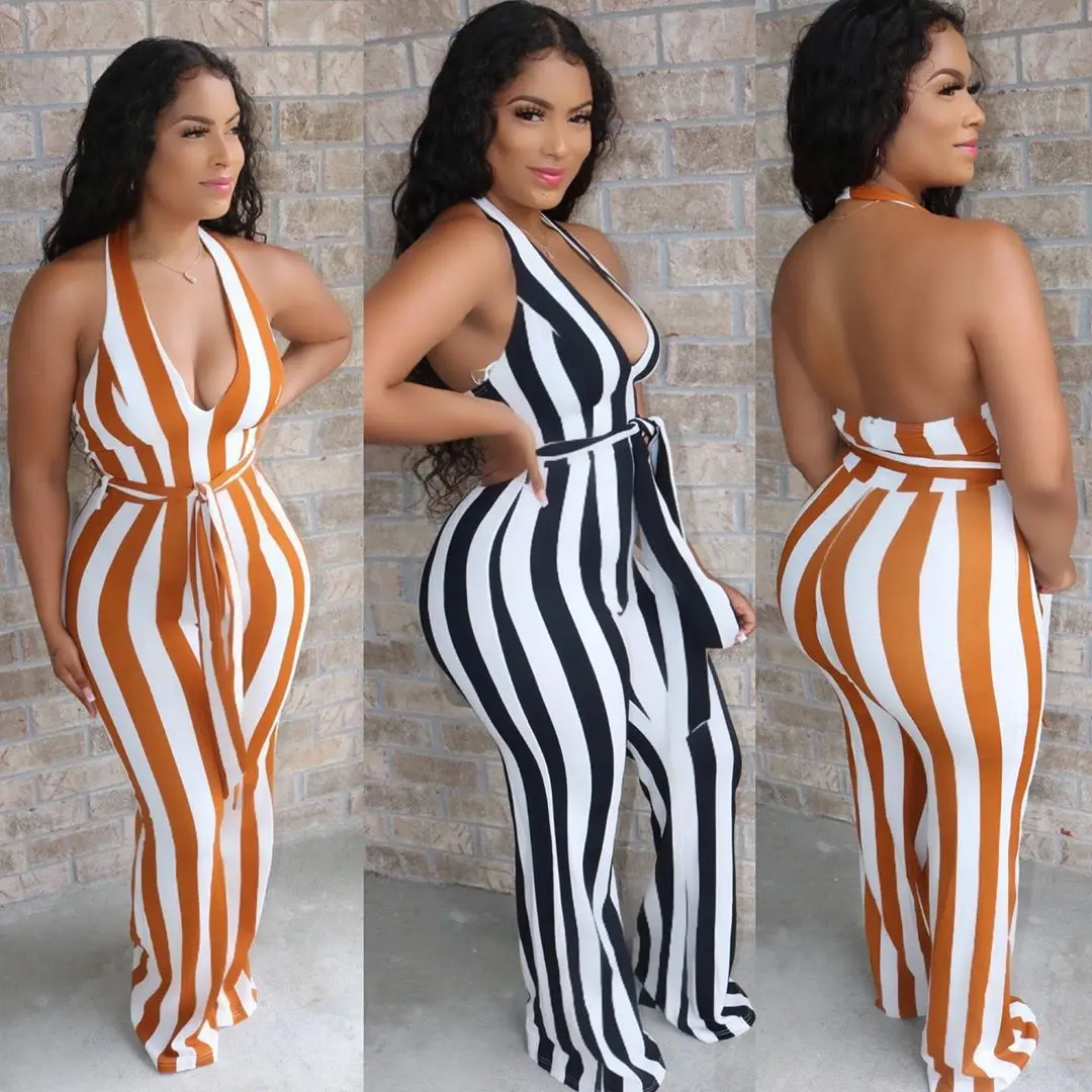 

Aipa 2021 Women Clothing Halter Back Belt Striped Rompers V-neck Sashes Sleeveless Jumpsuits Floral Sexy Jumpsuit